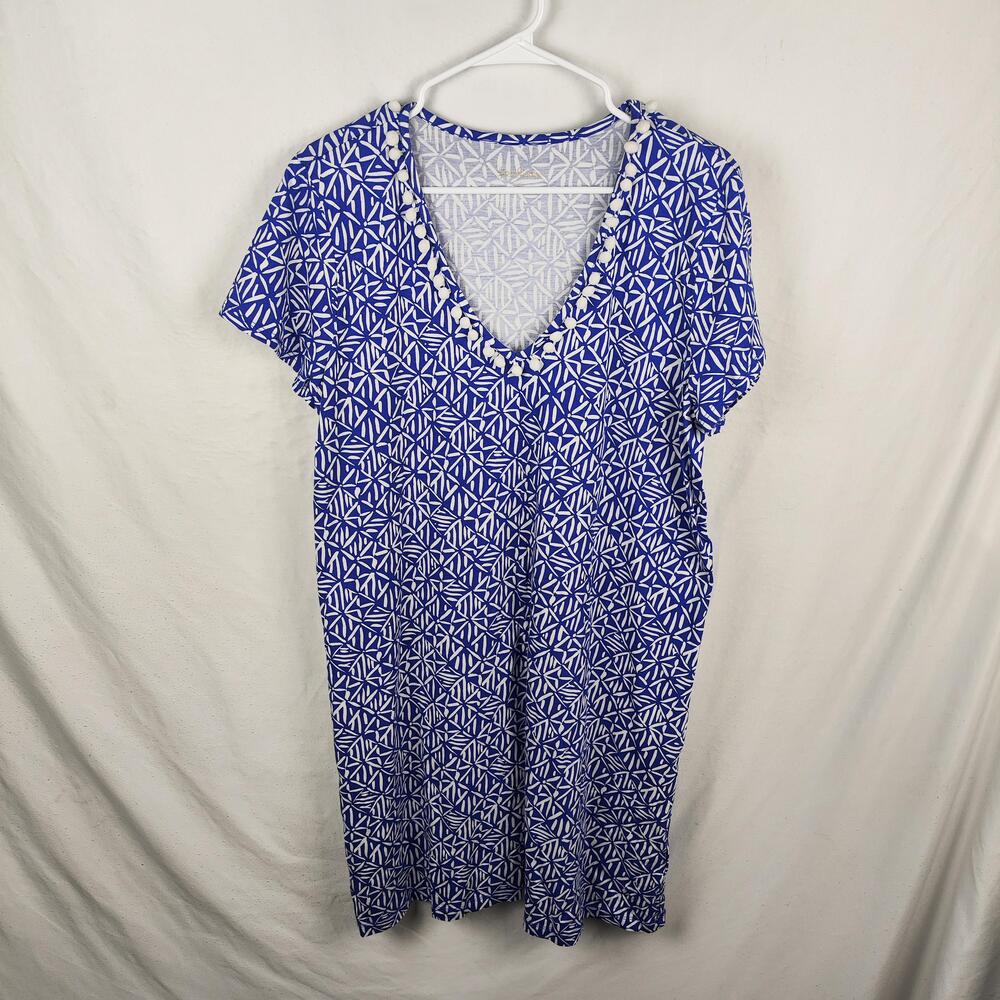 Lilly Pulitzer Dress Womens XL Blue Geometric Tassel V Neck T-Shirt Knee Length